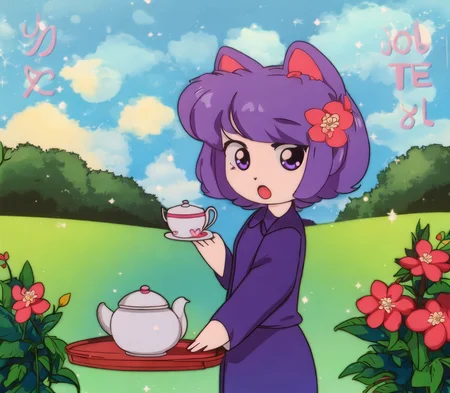 1980s (style), 1girl, emotionless, anime coloring, masunya, cat ears, (purple skin color:1.1), blue sky, cloud, cloudy sky, day, flower, hair flower, hair ornament, holding tray, outdoors, retro artstyle, short hair, sky, solo, standing, teapot, tray, vhs artifacts, x hair ornament, bluethebone
