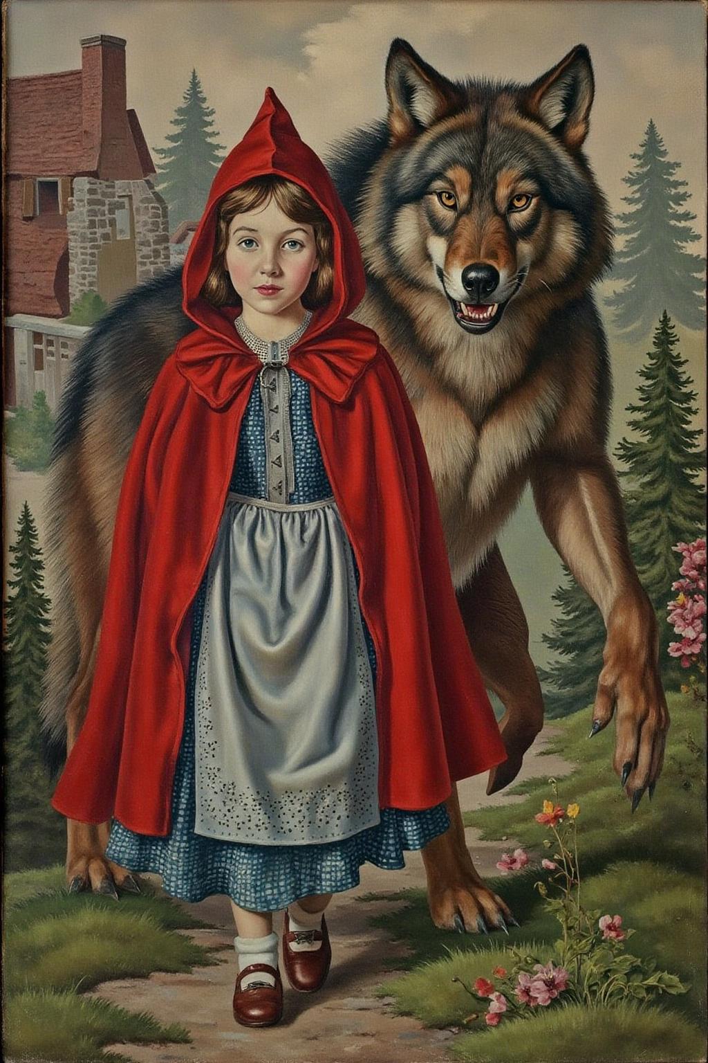 sspencer1 painting.
Little Red Ridding Hood walking alongside the Big Bad Wolf. 
 <lora:sspencer1_cap_d6a3:1.0><lora:832134202892772860:0>