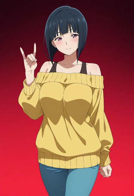 masterpiece, best quality, amazing quality, anime coloring, anime screencap, 1girl, mature female, inverted bob, black hair, blunt bangs, cowboy shot,  BREAK  simple background,  dynamic pose gradient background,  red  background  off-shoulder sweater,     fox shadow puppet,