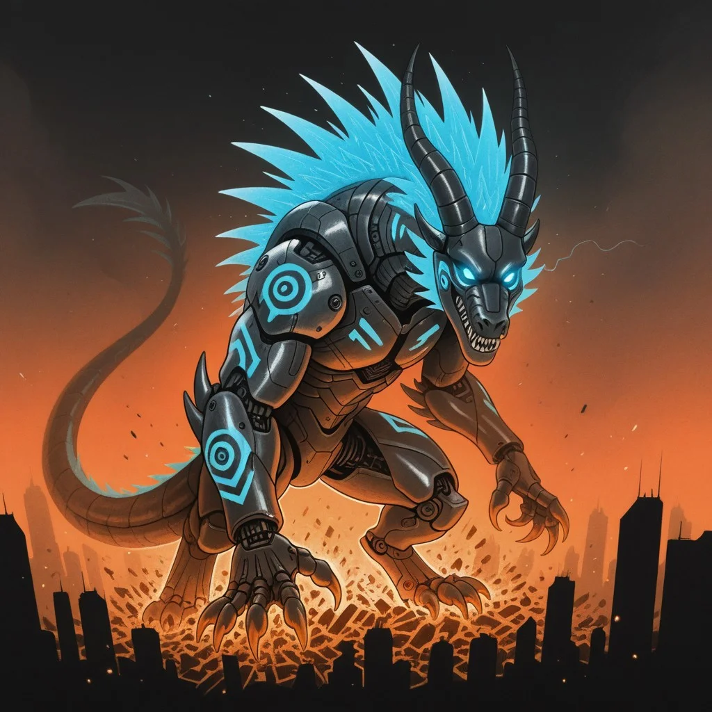 (dragon), highly detailed, robot, horns, metallic skin, sweetydoujinstyleil,
white bio - mechanical details, bionic cyborg implants, solo, detailed background, solo, glowing eyes, city,(glowing orange blue tribal markings), claws, dragon, feral, monster, kaijuu, sharp teeth, scales, giant, claws, spikes, destruction, glowing eyes, science fiction, tail, horns, godzillainhellstyleil,
