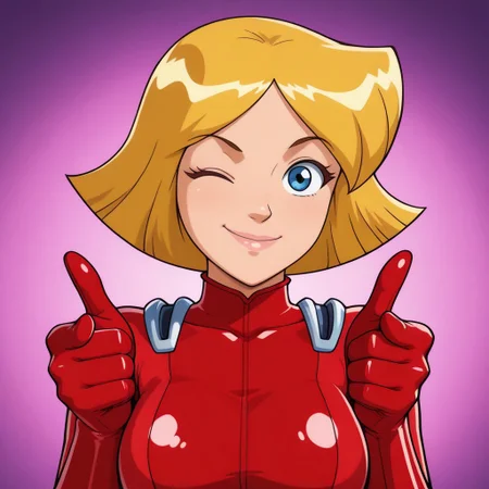 masterpiece, best quality, amazing quality, parody, official style, 1girl solo, cl0ver_totally_spies, short hair, blonde hair, blue eyes, red bodysuit, large breasts, sexy, beautiful, detailed, high detailed, very beautiful, detailed face, detailed eyes, detailed hand, abstract background, neon, smile, one eye closed, looking at viewer, double finger gun, volumetric lighting, face focus, upper view, close-up