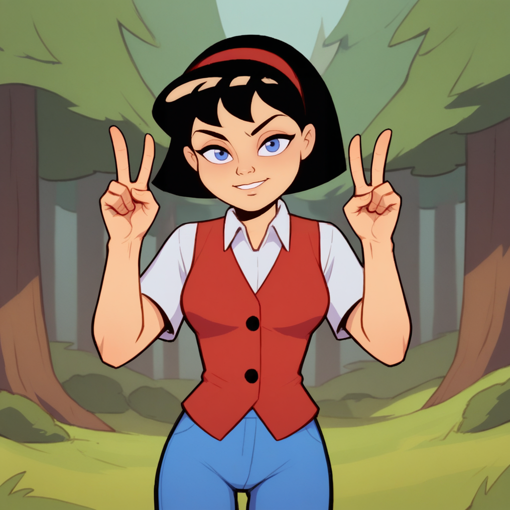 score_9_up, score_8_up, BREAK, Bea, 1girl, solo, black hair, short hair, blue eyes, red headband, shirt, vest, blue pants, cowboy shot,  <lora:Bea_MightyMax_PXL_Leaf1:0.8>, forest, looking at viewer, double v,