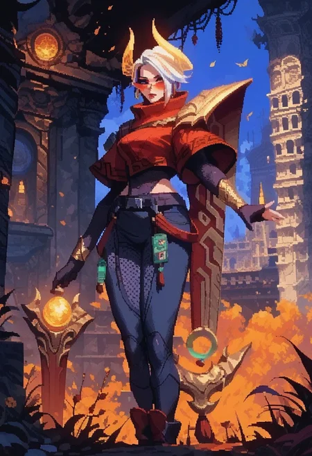 score_9, score_8_up, score_7_up, ultra detailed, 1girl, lbfiora, white hair, yellow glow horns, tinted eyewear, nigh city, pants, cropped jacket, gloves,d3p1x3l, pixel art,