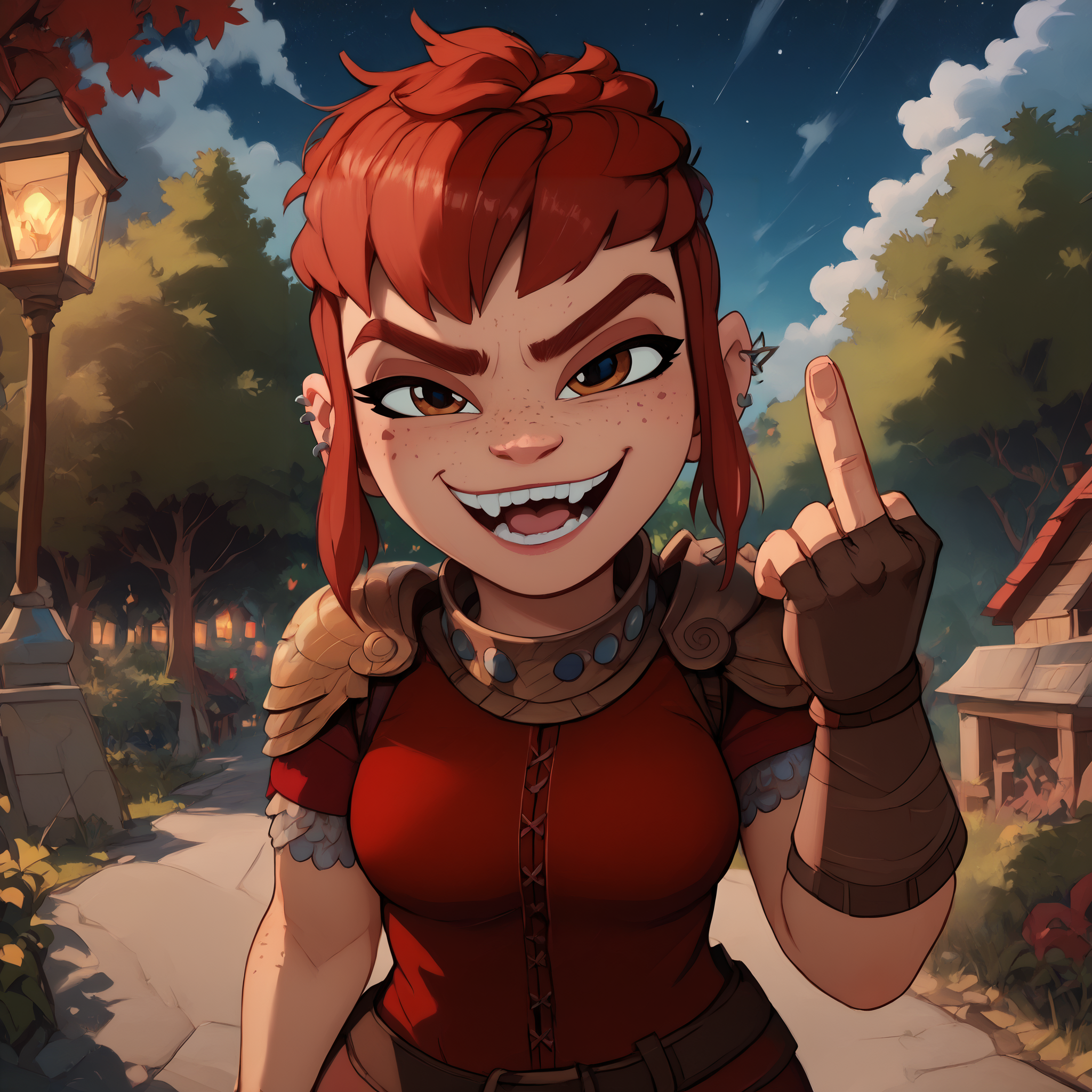 score_9, score_8_up, score_7_up, (emphasized-details:1.3), good_hands, better_hands, fckYou, middle finger, NimonaXL, short red hair, sidelocks, brown eyes, freckles, smug, smiling, open mouth, ear piercing, miniskirt, red tunic, looking at viewer, (fingerless gloves:1.3), shoulder armor, medium breasts, slender torso, standing, cowboy shot, night, outdoors, beautiful nature landscape, in a forest, numerous trees in background,  <lora:NimonaXL-11:0.9> <lora:pony_good_hands:1> <lora:PonyXL-FkckU-Finger-11:1> <lora:detailed_notrigger:2>