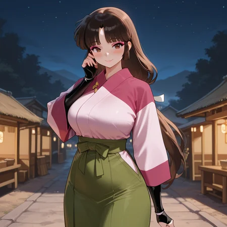 masterpiece, best quality, absurdres, amazing quality, <lora:SangoIllustriousXL_m:1> sango, 1girl, solo, brown eyes, bangs, makeup, black hair, brown hair, long hair, low-tied long hair, blush, smile, breasts, kimono, pink kimono, skirt, green skirt, fingerless gloves, looking at viewer, hand on own face, standing, outdoors, night sky, village, cowboy shot
