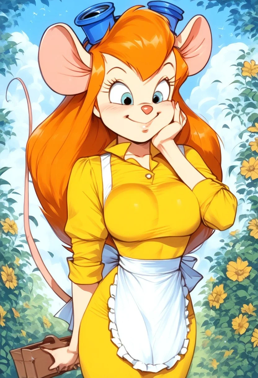 score_9, score_8_up, score_7_up,
, masterpiece, beautiful,
1girl, solo, gadget, mouse tail, ginger hair, long sleeves, dress, apron, white apron, yellow dress, large breast, one hand on cheek, happy, smile, closed mouth, <lora:Art_Style_of_Pandoras_Box:1> as_pbx, graphite_(medium), traditional_media,