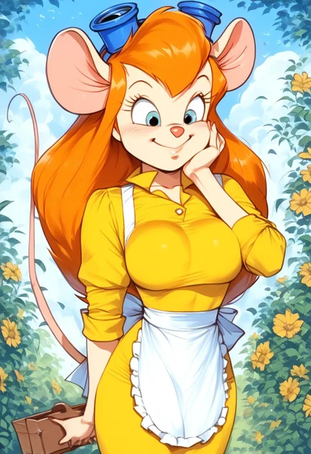 score_9, score_8_up, score_7_up,
, masterpiece, beautiful,
1girl, solo, gadget, mouse tail, ginger hair, long sleeves, dress, apron, white apron, yellow dress, large breast, one hand on cheek, happy, smile, closed mouth, <lora:Art_Style_of_Pandoras_Box:1> as_pbx, graphite_(medium), traditional_media,