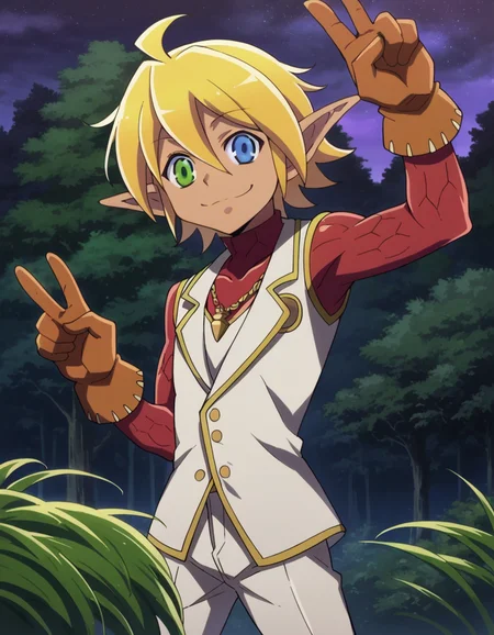 score_9, score_8_up, score_7_up, source_anime,
aurabellafiora, <lora:aura-bella-fiore-ponyxl-lora-nochekaiser:1>,
aura bella fiora, short hair, blue eyes, blonde hair, hair between eyes, green eyes, ahoge, pointy ears, dark skin, heterochromia, elf, dark elf, smile, peace sign,
gloves, jewelry, necklace, vest, white vest, pants, white pants,
outdoors, night, night sky, forest, nature,
looking at viewer, cowboy shot,