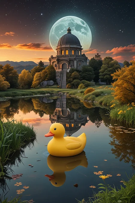 breathtaking  A surreal scene of an ancient observatory perched atop a hill, its telescopes trained on the night sky, with a giant, yellow rubber duck floating serenely in the nearby pond, The contrast between the serious, scientific endeavor and the playful, whimsical presence of the duck creates an intriguing juxtaposition, . award-winning, professional, highly detailed