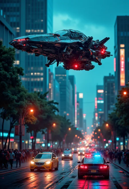 Cyberpunk realistic professional photo in recypu style.
A futuristic spaceship flying over a city at night with buildings trees lights poles and people on the road below. The sky is visible in the background and the spaceship appears to be a spaceship from the game Star Citizen., ground vehicle, motor vehicle, car, city, science fiction, road, vehicle focus, building, street, glowing, outdoors, robot, no humans, police, night.
Recypu style.