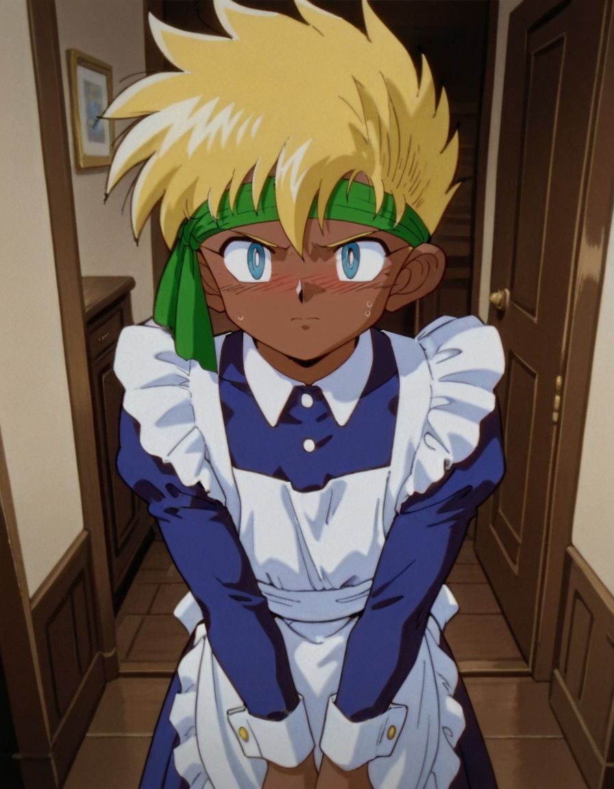 masterpiece, best quality, standing, 1boy, male focus, embarrassed, looking at viewer, blushing, shy,   
<lora:J:1>, Ja1, blue eyes, dark skin, blonde hair, headband, retro artstyle, (male maid:1.2),