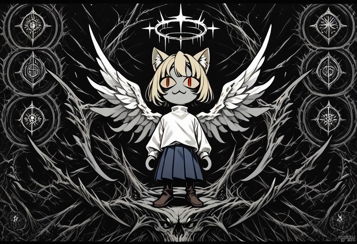 score_9, score_8_up, score_7_up, score_6_up, score_5_up, score_4_up, rating_safe,necoarc,blonde hair, red eyes, slit pupils, cat ears, :3, chibi,turtleneck, white shirt, blue skirt, pleated skirt, pantyhose, brown footwear,greyscale, monochrome, limited palette, horror (theme),angel wings,halo,abyss,hell