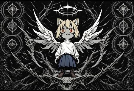 score_9, score_8_up, score_7_up, score_6_up, score_5_up, score_4_up, rating_safe,necoarc,blonde hair, red eyes, slit pupils, cat ears, :3, chibi,turtleneck, white shirt, blue skirt, pleated skirt, pantyhose, brown footwear,greyscale, monochrome, limited palette, horror (theme),angel wings,halo,abyss,hell