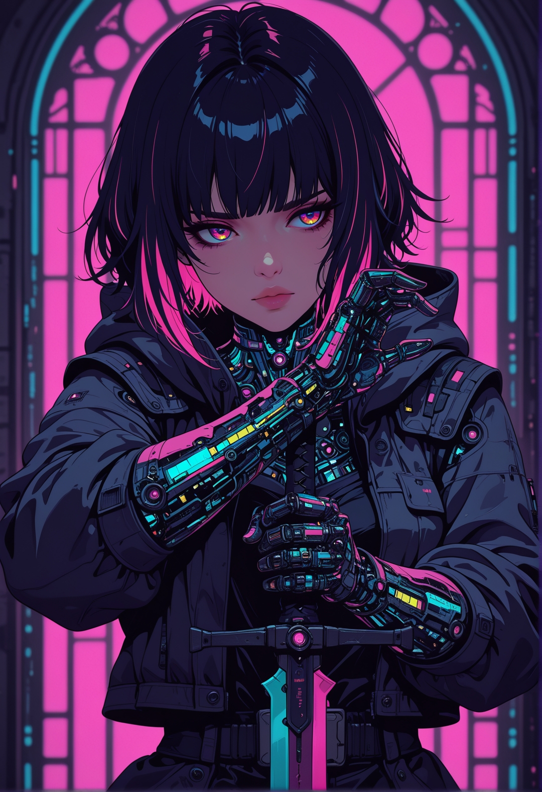 <lora:ck-shadow-circuit-IL:0.65>, 
masterpiece, best quality, good quality, very aesthetic, absurdres, newest, 8K, depth of field, focused subject, vivid color, deep colors, dramatic lighting, intricate details, thick contours, volumetric shadows, Expressiveh,1 girl, solo, Holding a sword,rage, neon color hair, standing, stance,
in a cyberpunk church, dynamic side angle, sexy, upper body, 
 <lora:MoriiMee_Gothic_Niji_Style_Illustrious_r1:0.50> 
<lora:ck-nc-cyberpunk-IL-000011:0.6>
timewarp, warphole, nistyle Incorporate dynamic lighting with glowing accents and sharp highlights, emphasizing a polished, high-tech appearance. Backgrounds should feature bold, geometric patterns or abstract digital elements, such as grids, streaking lines, creating a sense of motion and energy. Surfaces should appear reflective or metallic, with fine attention to detail in textures and shadows. The composition should feel cinematic and intense, with a focus on clean, precise lines and a sense of technological sophistication
 <lora:ck-neon-retrowave-IL:0.2>