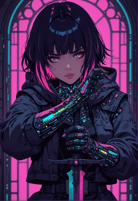 <lora:ck-shadow-circuit-IL:0.65>, 
masterpiece, best quality, good quality, very aesthetic, absurdres, newest, 8K, depth of field, focused subject, vivid color, deep colors, dramatic lighting, intricate details, thick contours, volumetric shadows, Expressiveh,1 girl, solo, Holding a sword,rage, neon color hair, standing, stance,
in a cyberpunk church, dynamic side angle, sexy, upper body, 
 <lora:MoriiMee_Gothic_Niji_Style_Illustrious_r1:0.50> 
<lora:ck-nc-cyberpunk-IL-000011:0.6>
timewarp, warphole, nistyle Incorporate dynamic lighting with glowing accents and sharp highlights, emphasizing a polished, high-tech appearance. Backgrounds should feature bold, geometric patterns or abstract digital elements, such as grids, streaking lines, creating a sense of motion and energy. Surfaces should appear reflective or metallic, with fine attention to detail in textures and shadows. The composition should feel cinematic and intense, with a focus on clean, precise lines and a sense of technological sophistication
 <lora:ck-neon-retrowave-IL:0.2>