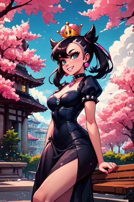 score_9, score_8_up, score_8, medium breasts, (curvy), cute, eyelashes, BREAK, , zzShadowHimeMarnieCitron, super crown, black hair, twintails, asymmetric bangs, crown, black dress, pink gemstone, pink waist bow, bangs, dress, jewelry, short sleeves, earrings, choker, black dress, black choker, <lora:ShadowHimeMarnie_CitronOC_PDXL_v2:0.8>,, BREAK, sitting on bench, side view, smile, looking at viewer, cowboy shot, ,,, BREAK, pnkBldng, sky, day, cloud, tree, blue sky, building, architecture, east asian architecture, ,,, BREAK, embedding:zPDXL, Expressiveh, ,,, <lora:PinkBuildingsPDXL_v2:0.6>, <lora:SDXLFaeTastic2400:0.5>, <lora:Expressive_H-000001:0.4>