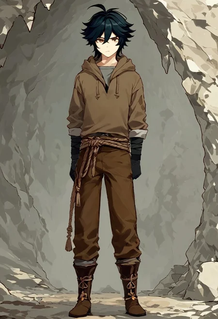 Score_9, score_8_up, score_7_up, Genshin Impact Style, source_anime, cave shaft, 1man, solo, standing in cave
Black hair, brown hoodie, brown hood, hood over head, bangs, tall man, staring at viewer, facing viewer, brown eyes, serious, grey shirt, black cloth over shoulders, long sleeves, rolled sleeves, cloth gloves, brown pants, rope belt, brown boots, wrapped pants