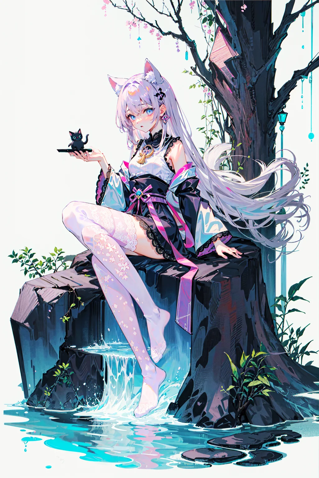 [(white background:1.5),::5]
(((mauve:0.2|pink:0.5|legwear|long|lace:1.3))),
8k,high contrast,masterpiece, hime cut, best quality, 
miko, hatsumoude, tree,
full body,aged down,  summer,illustrator,water spring,
1girl, cat girl,no shoes, 
white shirt,shirt,
blue eyes, white hair, long hair,
