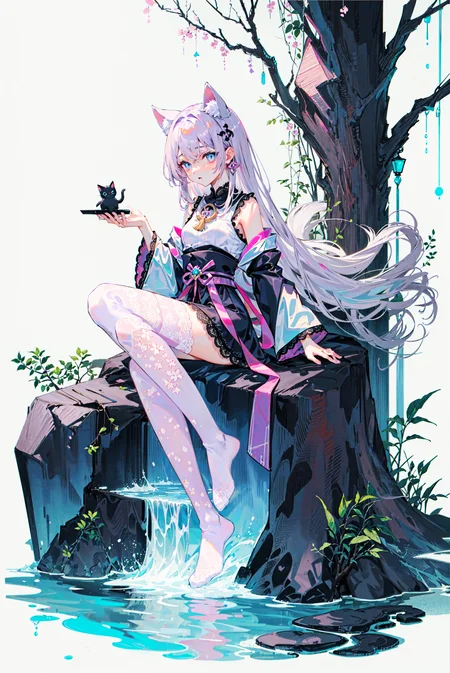 [(white background:1.5),::5]
(((mauve:0.2|pink:0.5|legwear|long|lace:1.3))),
8k,high contrast,masterpiece, hime cut, best quality, 
miko, hatsumoude, tree,
full body,aged down,  summer,illustrator,water spring,
1girl, cat girl,no shoes, 
white shirt,shirt,
blue eyes, white hair, long hair,