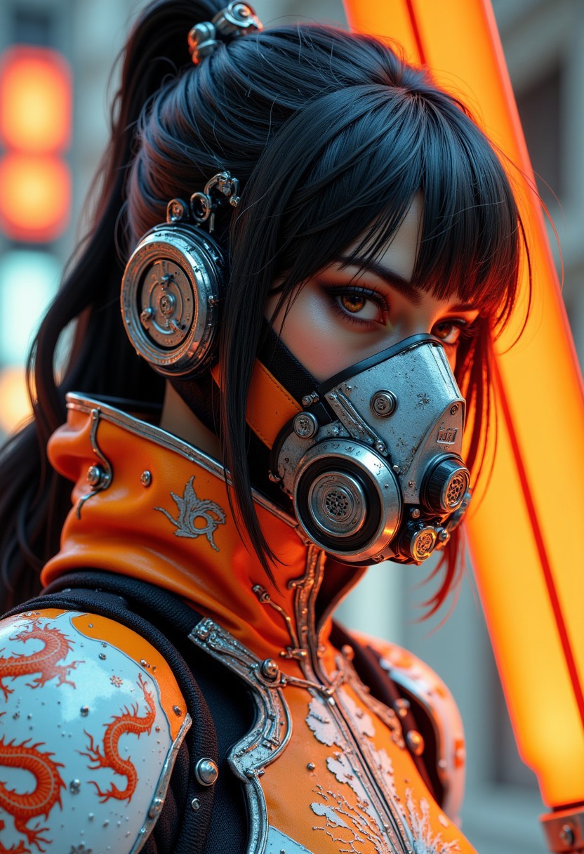 in the style of ck-mgs, portrait of a japanese sci-fi warrior princess, long hair, bangs, sidelocks, dark eyeshadow, orange and white mecha suit embossed with eastern dragon motif, respirator, directional light