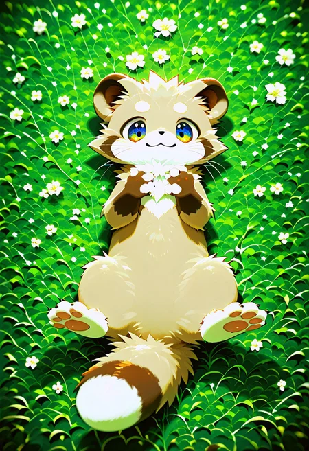 zuppu11, full body, solo, furry, score_9, score_8_up, look at viewer, male focus, raibow eyes, rainbow eyes, no humans, fractal iris, furry male, the happy-obsessed ferret lying on grass, flux-style, detailed eyes, blushing