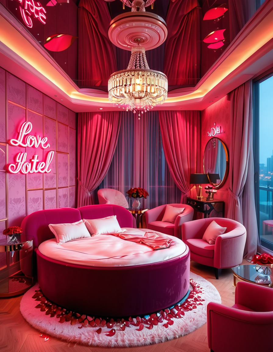 A luxurious, stylish love hotel room,love hotel r00m with a romantic and intimate atmosphere. The room features a large, round king-sized bed with silky red and black sheets, surrounded by soft, ambient lighting. Neon pink and purple LED lights illuminate the walls, creating a sensual glow. A plush velvet sofa sits near the bed, with a glass-topped coffee table holding champagne glasses and a chilled bottle of champagne. The ceiling has a large mirror, reflecting the entire room. On one side, thereâs a floor-to-ceiling window with sheer curtains, showing the night cityscape in the background. A modern jacuzzi tub with rose petals floating on the water is visible in the corner, surrounded by candles. The room has a sleek, modern design with a touch of opulence, including gold accents on the furniture and warm wooden floors. The lighting is dim and moody, emphasizing the romantic ambiance.
<lora:SDXLFaeTastic2400:0.4> <lora:extremely_detailed:0.4> extremely detailed, <lora:love_hotel_r00m:1>, Masterpiece,best quality,hi res,8k,hi res,8k,award winning,(sharp focus, intricate, highly detailed),