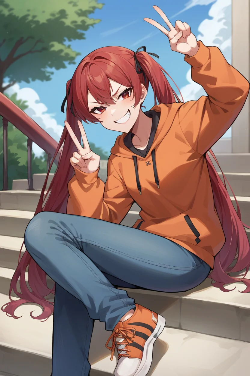 score_9, score_8_up, score_7_up, score_6_up, source_anime BREAK 1girl <lora:fesevera-pdxl-nvwls-v1-000005:1> defSelena, red hair, red eyes, twintails, hair ribbon, orange hoodie, grin, looking at you, smirk, jeans, sneakers, sitting, stairs, peace sign