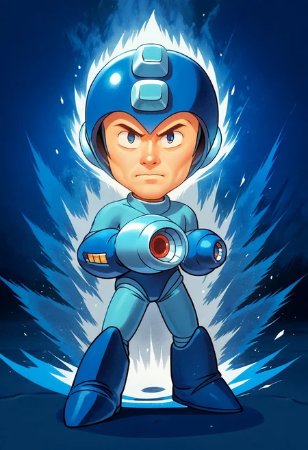 (Megaman, Rockman, gloves, boots, helmet, blue armor, arm cannon:1.1):1.1)(1boy, solo, facing viewer, , score_9, score_8_up, score_7_up, chibi, Ki Charge, aura, shooting stance, white aura, blue aura, arm raising, full body,  zPDXL3 ,SimplePositiveXLv2, masterpiece, best quality, high res, illustration, extremely detailed, 8k, wallpaper, hud_c4ric4ture_Styl, chibi
