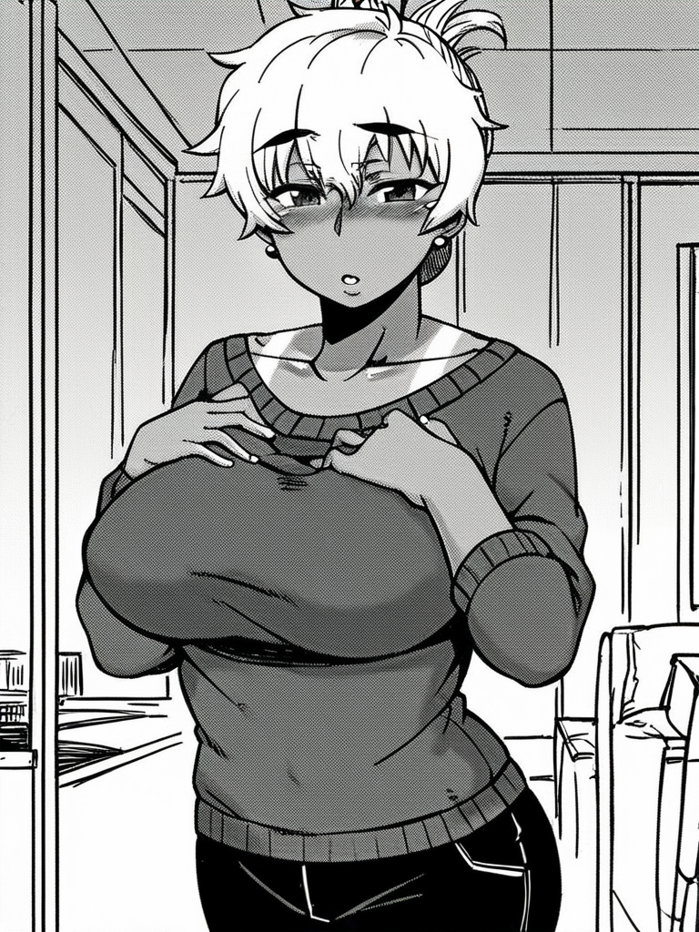score_9, score_8_up, score_7_up,  
1girl,  monochrome, akina tk, mature female, folded ponytail, one-piece tan, large breasts, white hair,

sweater, black pants, standing, indoors, solo, hand on own chest, parted lips, narrowed eyes, blush, looking at viewer,

