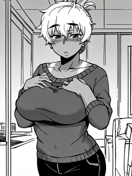 score_9, score_8_up, score_7_up,
1girl, monochrome, akina tk, mature female, folded ponytail, one-piece tan, large breasts, white hair,
sweater, black pants, standing, indoors, solo, hand on own chest, parted lips, narrowed eyes, blush, looking at viewer,