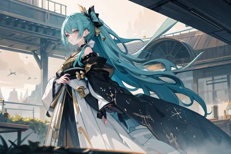 highly insanely detailed, masterpiece, top quality, best quality, highres, 4k, 8k, RAW photo, (very aesthetic, beautiful and aesthetic),  
(rsef style,fevercell style),futuristic_landscape,abstract_background, 
<lora:rsef-000225:0>, 
(1girl:1.3), 
1other, 
, 
, 
absurdly long hair,mohawk hair,hair ornament,hair bow,hairpin,hair bell, 
, 
champagne background, 
,âââ