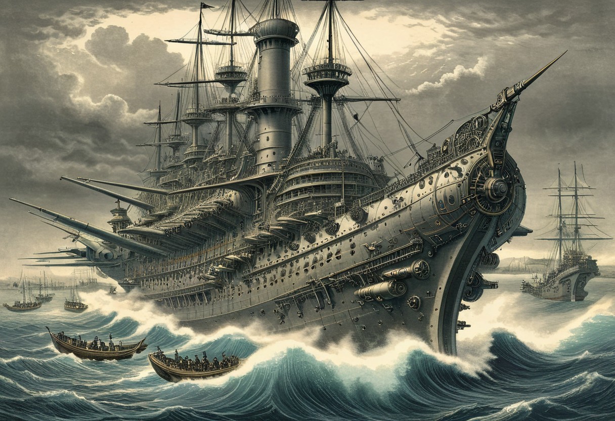 concept-art, engraving of steampunk pre-dreadnough class battleship carrying flying machines, bay of Tokio, 1863 by Gustave Dore and hokusai undertones