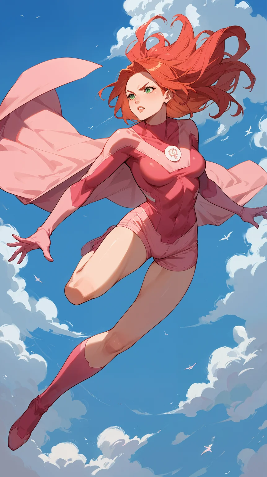 score_9,score_8_up,score_7_up,score_6_up, <lora:xl_more_art-full_v1:0.5>, source_anime, girl, dynamic pose, <lora:Atom Eve - Pony:0.8>, long hair, red hair, green eyes, superhero suit, pink bodysuit, pink shorts, pink cape, pink gloves, bare legs, pink boots, flying, in the sky, high up, altitude,