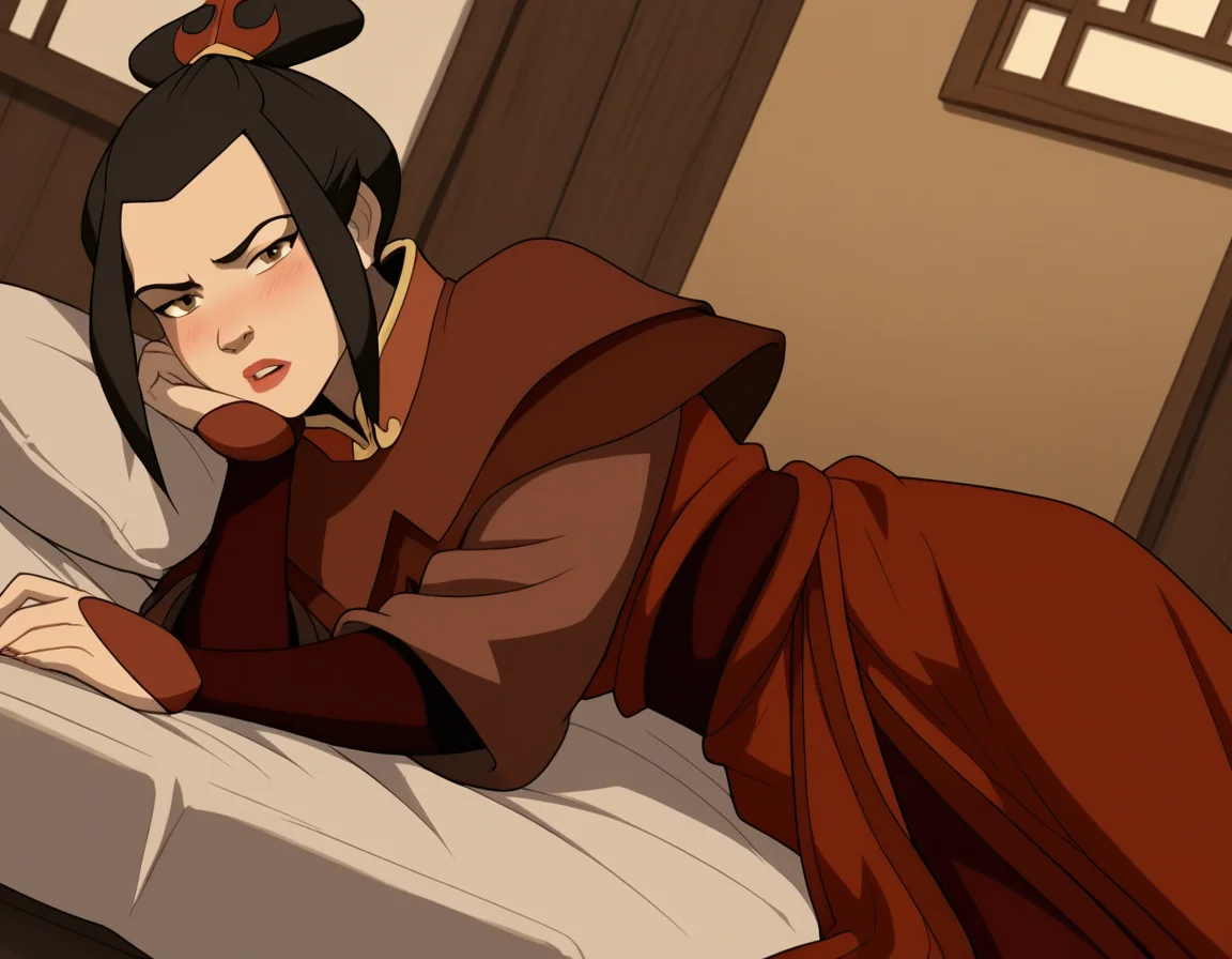score_9, score_8_up, score_7_up, source_anime, <lora:azula-book2-ponyxl-lora-nochekaiser:1>, azula, black hair, brown eyes, topknot, sidelocks, hair bun, single hair bun, chinese clothes, capelet, sash, long sleeves, elbow gloves, , indoors, bed, bed room, on side, blush, drunk, looking at viewer, solo, cowboy shot, dutch angle