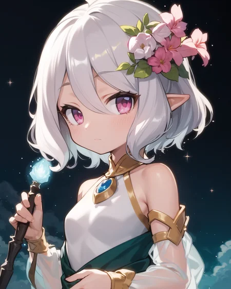 masterpiece, best quality, ultra-detailed, illustration, epic lighting, cinematic composition, colorful, anime, 2d, (finely detailed beautiful eyes: 1.2), 1girl, petite, kokkoro, pink eyes, short white hair, white hair flower, white dress, detached sleeves, looking at viewer, expressionless, upper body, outdoors, night, stars, nebula, fantasy, nature, (8k:1.1)   <lora:kokkoro_v1:1>