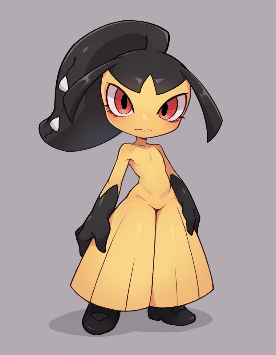 zPDXL, score_9, score_8_up, score_7_up, source_anime, 1girl, solo, 
<lora:Mawile_v2:0.8> mawile, pokemon \(creature\), red eyes, colored skin, extra mouth, multicolored skin, yellow skin, two-tone skin, black skin, ponytail, hand on hip, <lora:KimKrab_v2:0.8> kimkrab