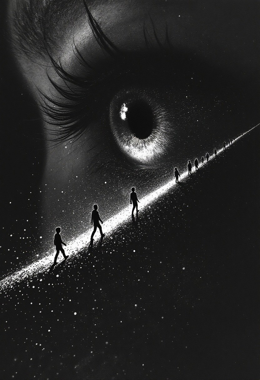 A hyper-detailed,  black and white, muted artwork using precise, microscopic strokes and dense, textured linework to create an overwhelming sense of complexity. [In an extreme close-up, Henry’s eye reflects a tiny shadow puppet procession crossing a narrow thread of light. The camera pulls back to reveal the puppets marching along a precarious line cast by a ray of sunlight, their shapes flickering as though resisting the brightness]. The rendering pushes extreme contrasts, layering heavy blacks and intricate stippling to create deep, tactile textures and unsettling depth. Figures are grotesquely distorted and unnervingly exaggerated, with harsh, exaggerated features that defy symmetry or natural beauty. The aggressive use of line weight and chaotic gradients adds visual tension, making the image feel alive, oppressive, and raw with emotional intensity.