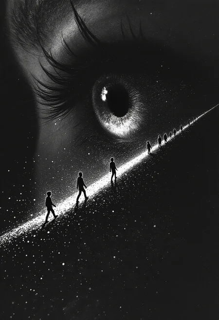 A hyper-detailed,  black and white, muted artwork using precise, microscopic strokes and dense, textured linework to create an overwhelming sense of complexity. [In an extreme close-up, Henry’s eye reflects a tiny shadow puppet procession crossing a narrow thread of light. The camera pulls back to reveal the puppets marching along a precarious line cast by a ray of sunlight, their shapes flickering as though resisting the brightness]. The rendering pushes extreme contrasts, layering heavy blacks and intricate stippling to create deep, tactile textures and unsettling depth. Figures are grotesquely distorted and unnervingly exaggerated, with harsh, exaggerated features that defy symmetry or natural beauty. The aggressive use of line weight and chaotic gradients adds visual tension, making the image feel alive, oppressive, and raw with emotional intensity.