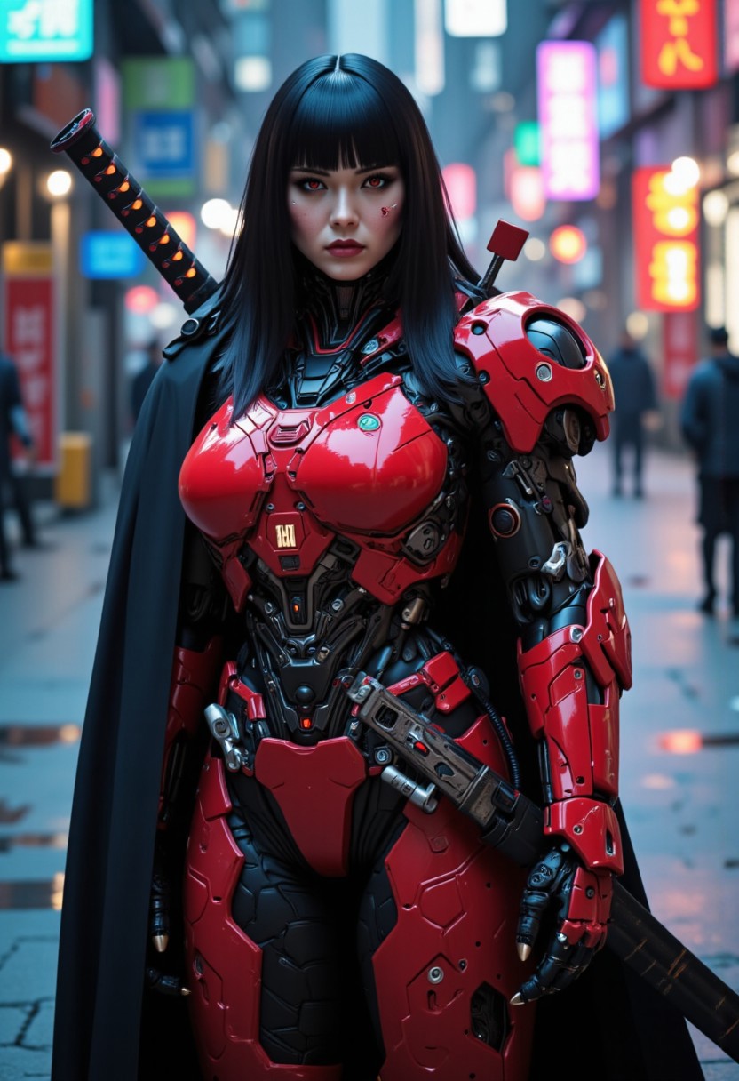Realistic Photography, Very Low angle Ground Level camera view below looking up From a distance, Futuristic, Distant Vibrant Colors Full body Powerful Female Face, Straight Black Hair with Bangs, Samurai Style Armor outfit, Vibrant Colors cyborg Powerful Female, Samurai Style Armor, Flat Dark Red with Black Trim Colored Armor, Samurai Armor Style Exosuit, Detailed Gorgeous Female Face with High Cheek Bones of Eastern European Decent, Detailed Eyes with Red Irises and Black Pupils, Large Breasts, mech, Action Dynamic Action Combat Pose, futuristic, Black Cape, (off-center composition, left aligned, Portrait),  an old Powerful cyborg, battle worn, Bulky Samurai Style Power Armor, Large Glowing Samurai Sword, Happy high detailed Eyes, Happy Smile High detailed face, gothic Neon Cyberpunk Cityscape, cinematic film still glamorous photo dark art by Rafael Zabaleta, expressionism art by Asger Jorn, vibrant, Abstract expressionism, experimental painting techniques, bold bright colors, dynamic compositions, Expressionism, Neon Night City Cyberpunk Cityscapes, emotive brushwork, brilliant tones, dramatic lighting, introspective themes. high fashion, luxurious, extravagant, stylish, sensual, opulent, elegance, stunning beauty, professional, high contrast, detailed. shallow depth of field, vignette, highly detailed, high budget, bokeh, cinemascope, moody, epic, gorgeous, film grain, grainy