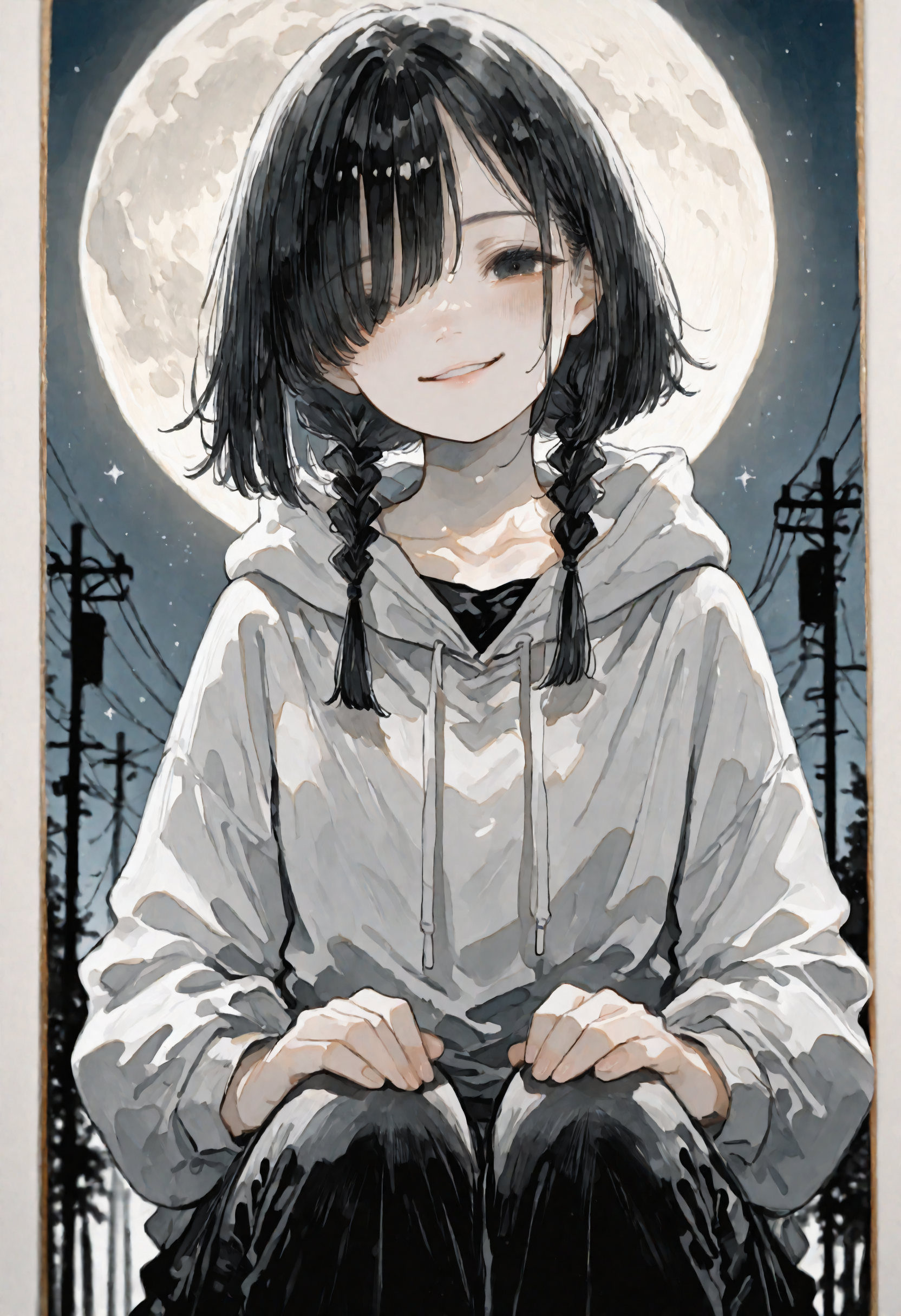 masterpiece, best quality, newest, absurdres, highres, very awa, anime screencap, no lineart, watercolor \(medium\), traditional media, painting \(medium\), limited palette, ambient occlusion, depth of field, simple background, ethereal glow, 1girl, solo, hoodie, hood, black hair, hair over one eye, looking at viewer, black eyes, hands on own knees, braid, parted lips, power lines, moon, night, hood down, pants, grey hoodie, black pants, hands on own thighs, long sleeves, twin braids, outdoors, sky, smile, medium hair, night sky, full moon, white hoodie, watercolor \(medium\)