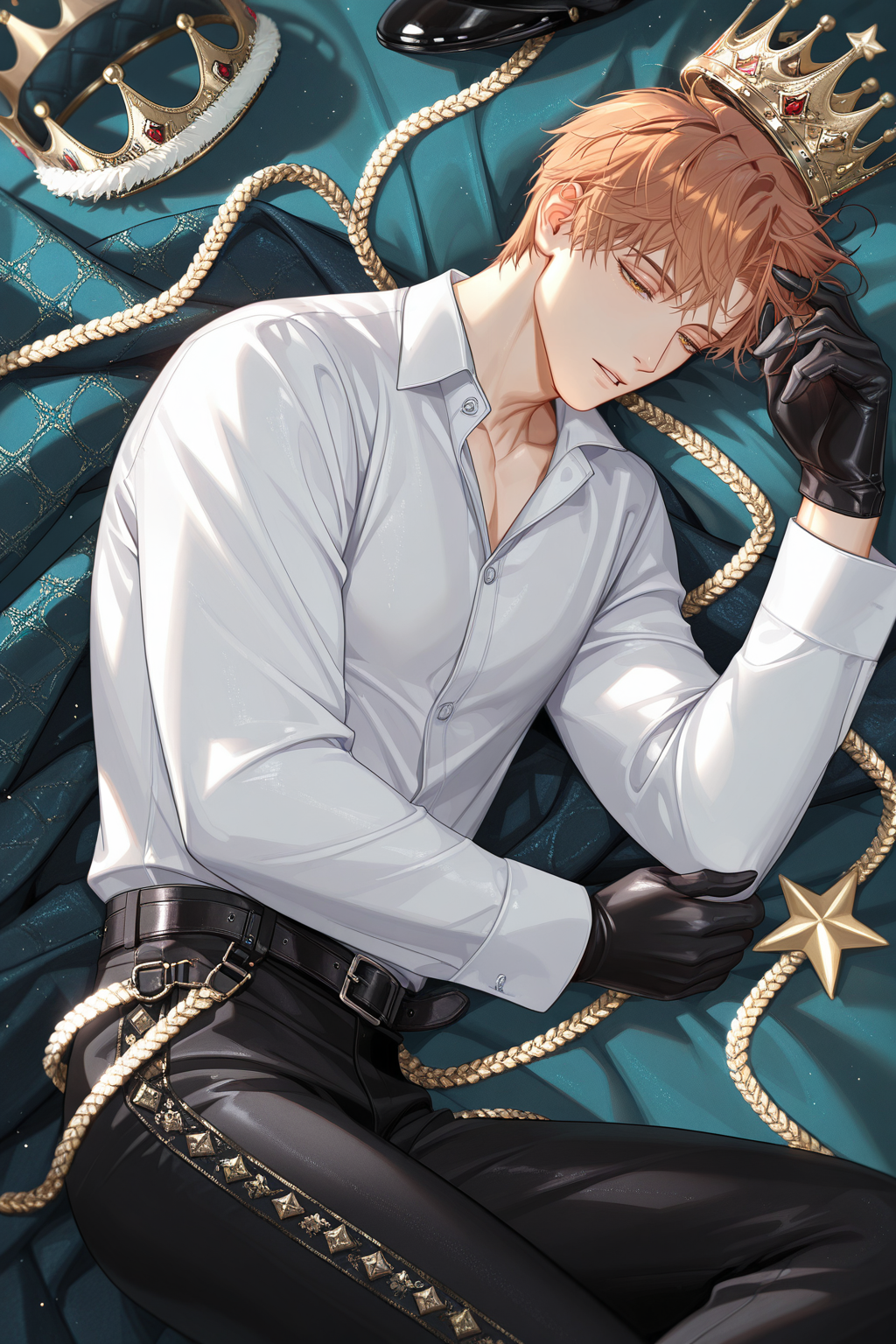 <lora:jesse-IL:0.8>,jesse, short hair, shirt, male focus, pants, white shirt, long sleeves, collared shirt, black pants, belt, gloves, parted lips, black gloves, star \(symbol\), lying, crown, from above, half-closed eyes, on side, 1boy, green hair, solo,bara,male focus,very awa,masterpiece,best quality,amazing quality,nsfw,uncersored,highres,best quality,amazing quality,best aesthetic,absurdres,