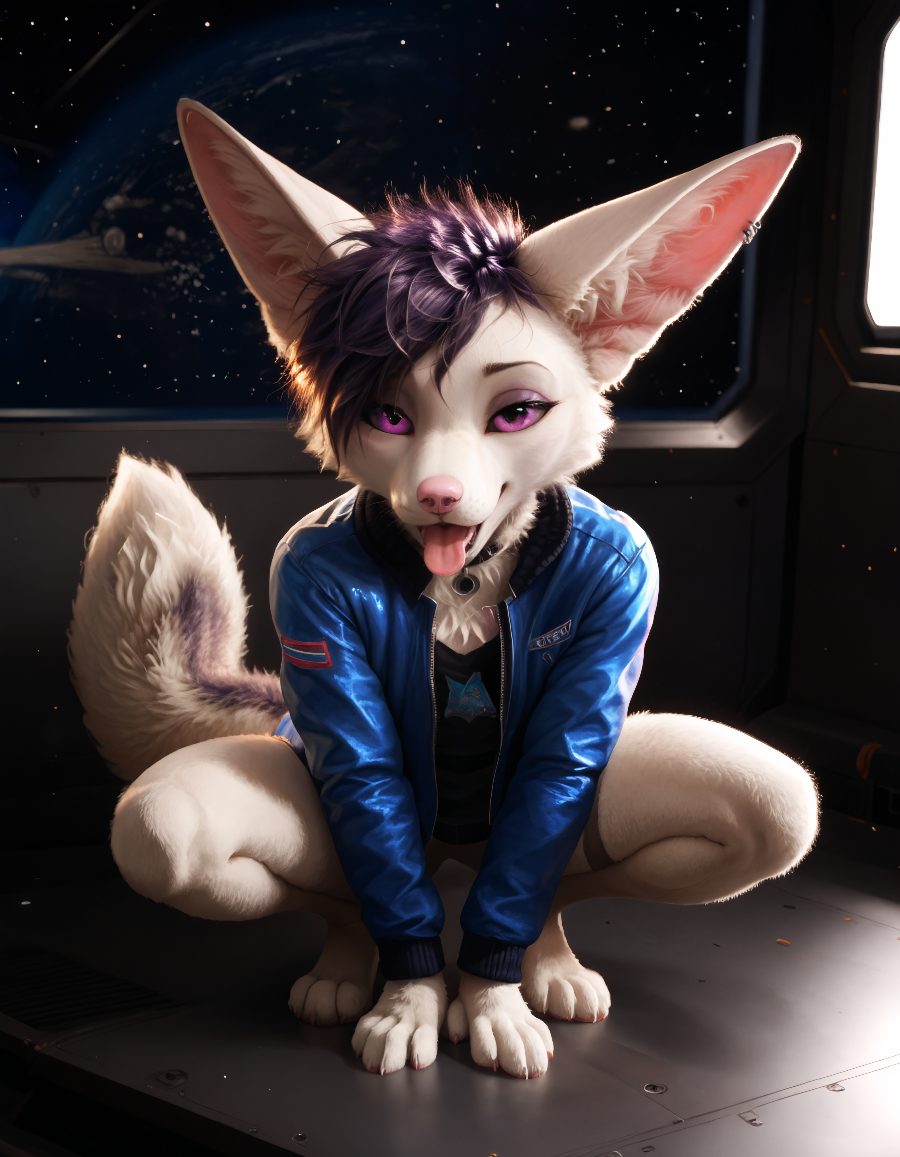 score_9, score_8_up, score_7_up, BREAK rating_safe,  detailed, cinematic lighting, hdr, particles, masterpiece, best quality, ultra realistic, 4k, 2k, film photography, RAW photo, photorealistic, analog style, subsurface scattering, photorealism, fluffy fur, detailed fur, <lora:add-detail-xl:3.0>, <lora:2.5DRealisticV2.safetensors:0.25>, <lora:sinfully_stylish_SDXL.safetensors:1.0>,  <lora:AdvancedEnhancerXLv2.safetensors:1.0>, dutch angle, (space station, the orbital station, detailed background:1.1), <lora:Adra_Tiddles.safetensors:0.9> adra_tiddles, anthro, 1girl, clothing, solo, furry female, furry, mammal, body fur, topwear, fur, animal ears, open mouth, tongue, hi res, hair, clothed, tail, piercing, short hair, fox, ear piercing, animal nose, black jacket, looking at viewer, half-closed eyes, open jacket, upper body squatting, three-quarter view, full-length portrait, looking away, hands between legs, 80's theme