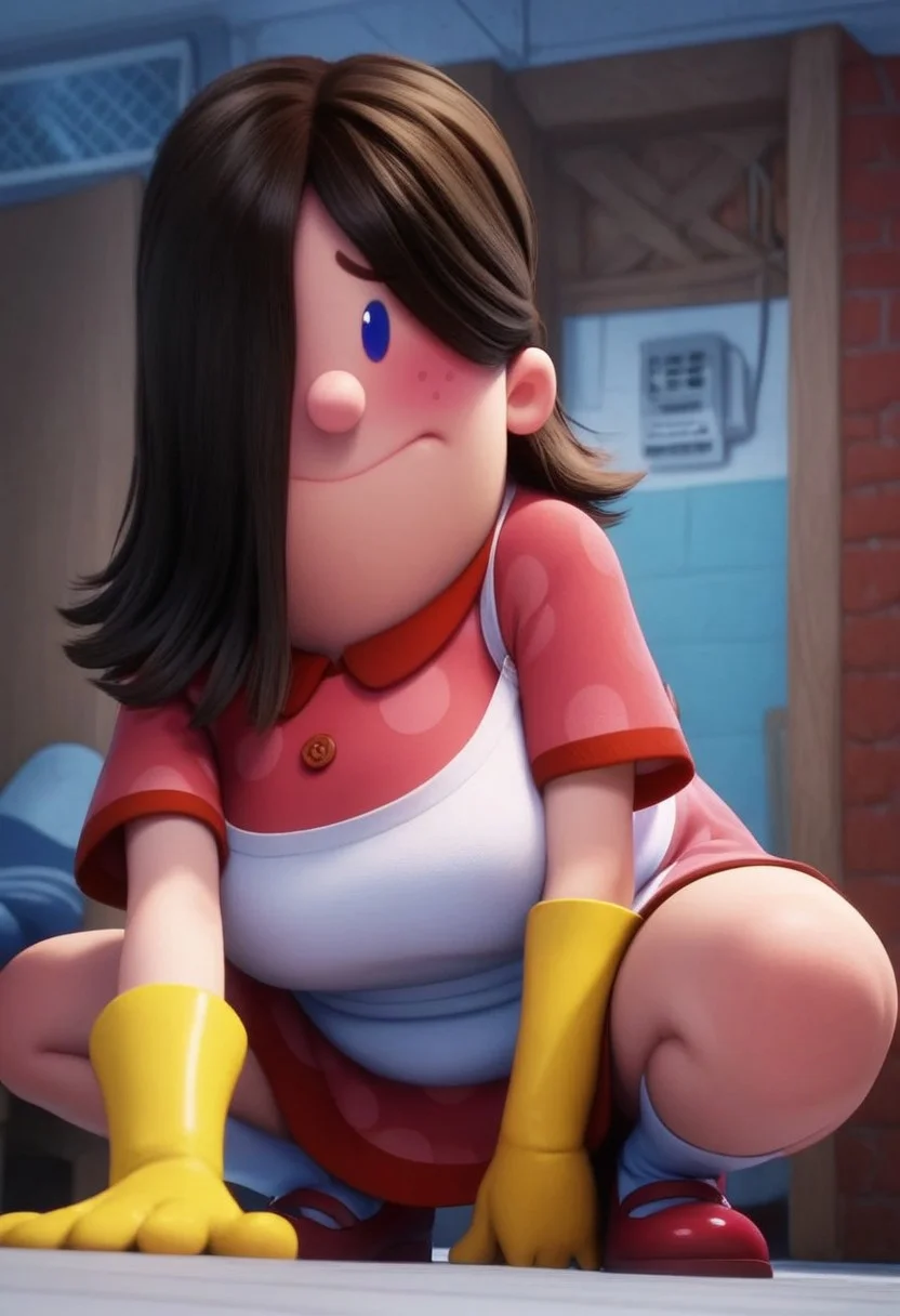 edith (captain underpants), 1girl, dark brown hair, hair over one eye, hair covering one eye, dot blue eyes, freckles, blush, pink polka dot dress, short sleeves, white apron, yellow dishwashing gloves, pink mary janes, white socks, plump, curvy, Expressiveh, score_8_up, score_7_up, BREAK, 1girl, solo, cute, from below, head tilt, crouching, ninja pose, looking at viewer, detailed background, 4k, masterpiece, best quality, highly detailed, realistic, low-angle shot, realistic, 3d, no neck, chibi, wavy mouth, horny, smiling, biting lips,