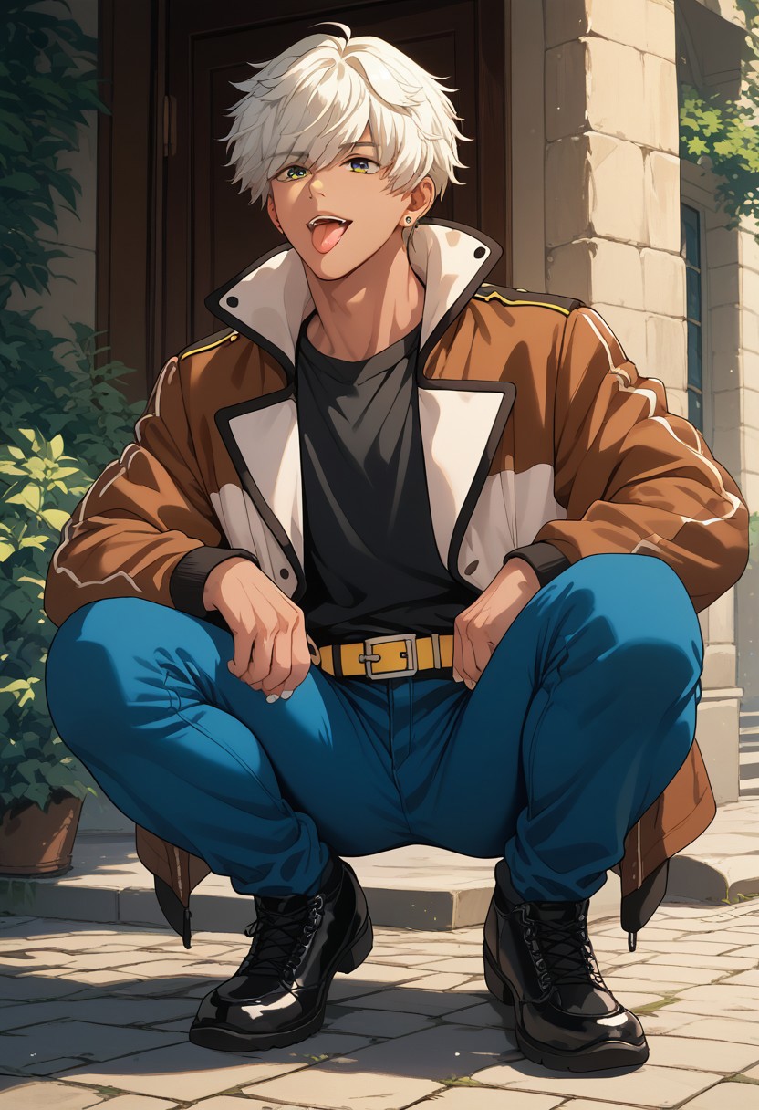 score_9, score_8_up, score_7_up, source_anime, rating_safe, Mamobey, 1boy, male focus, tongue out, brown-white jacket, black shirt, blue pants, black shoes, yellow belt, squatting, from below,