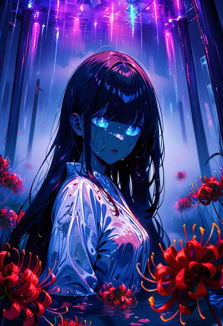 masterpiece, best quality, very aesthetic, absurdres, 1girl,( front view:1.2), retro color, dark hair,( straight long hair:1.2), eyeless, ( bangs over eyes:1.2), medium-small breast,( white yukata:1.2), in pool, ( thick fog:1.2), wet skin,( indoor night pool:1.2), 1 red ancient dilapidated torii gate in the water, red spider lily, blue glow light, pool with underwater-lights, psychedelic beautiful detailed, horror \(theme\), cityscape of skyscrapers,