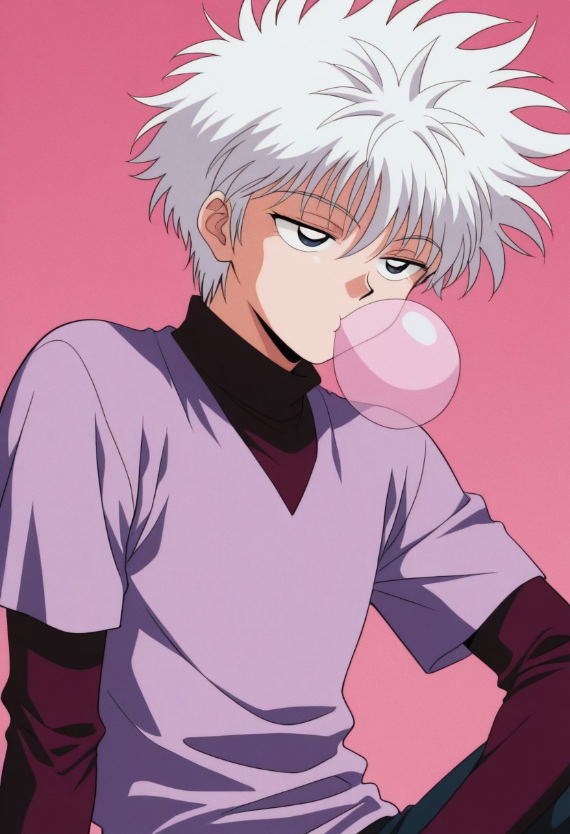 masterpiece,best quality,amazing quality, source_anime, retro_artstyle,
KiruaZorudikku, 1boy, male focus, solo, blue eyes, white hair, red shirt, turtleneck, purple shirt, short over long sleeves, chewing gum, bubble blowing, bored,