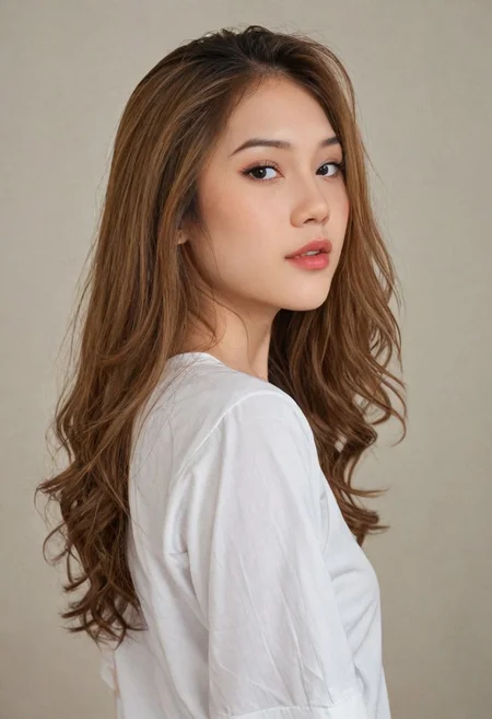 masterpiece, best quality, amazing quality, film grain,(beautiful indonesian woman, ulzzang-6500-v1.1), (photorealistic:1.4), 1girl,dynamic view, shy, arched back, white shirt, (brown messy long hair:1), border light, depth of field, looking at viewer, standing, looking at viewer
