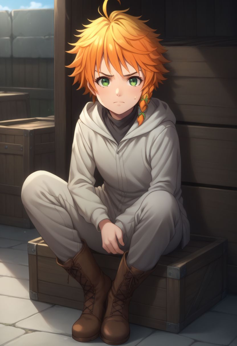 score_9, score_8_up, score_7_up, source_anime, highly detailed, 
emma, 1girl, green eyes, solo, orange hair, hood, braid, short hair, looking at viewer, sweatdrop, hood down, side braid, frown, pants, boots, brown boots, 
outdoor, crates, sit on crate, bow, quiver,