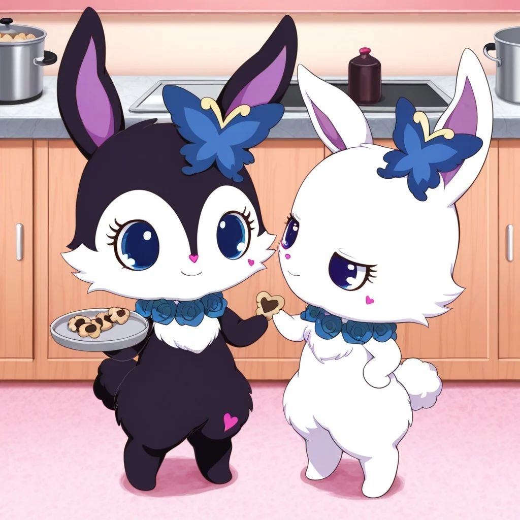 score_9, score_8_up, score_7_up, score_6_up, score_5_up,
best quality, masterpiece, smirks, Full Body, Romantic, Small Body, Furry, looking_pleasured, duo, female/female, 2girls, kitchen, chefs hat, chefs shirt, chefs skirt, rubyjp, no humans, rabbit, chibi, furry, hair ornament, necklace, jewelry, chest fur, white fur, holding cookie, looking at partner, luea, feral, blue eyes, rabbit, furry, rabbit ears, black fur, purple inner ear, white chest fur, white face, chibi, body fur, (blue butterfly hair ornament), (blue rose necklace), carry tray full of cookie,