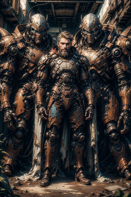 (masterpiece:1.1), (best quality:1.1), (vibrant colors:1.2), BREAK,
(futuristic:1.1), (surreal:1.1), (vintage:1.0), BREAK,
(solo:1.2), (dynamic pose:1.0), (full body:1.0), (rugged old man:1.2), (beard:1.1), (robot:1.1), (mechanical parts:1.1), (torn clothes:1.1), (rusty:1.0), (tired:1.0), (exhausted:1.0), (dirty:1.0), <lora:dark_style:0.7>, <lora:Clothing - Rusty Armor:0.6>,